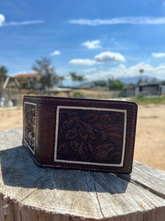 Mens Brown Flower Design Tooled Wallet - Cartera Cincelada Para Hombre